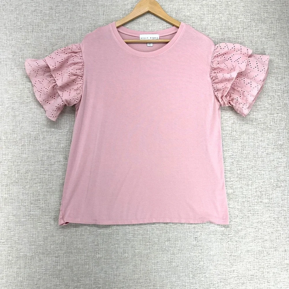 Kelly Renée Shirt Womens Large Pink Eyelet Ruffle Flutter Sleeve Knit Top - Picture 1 of 9